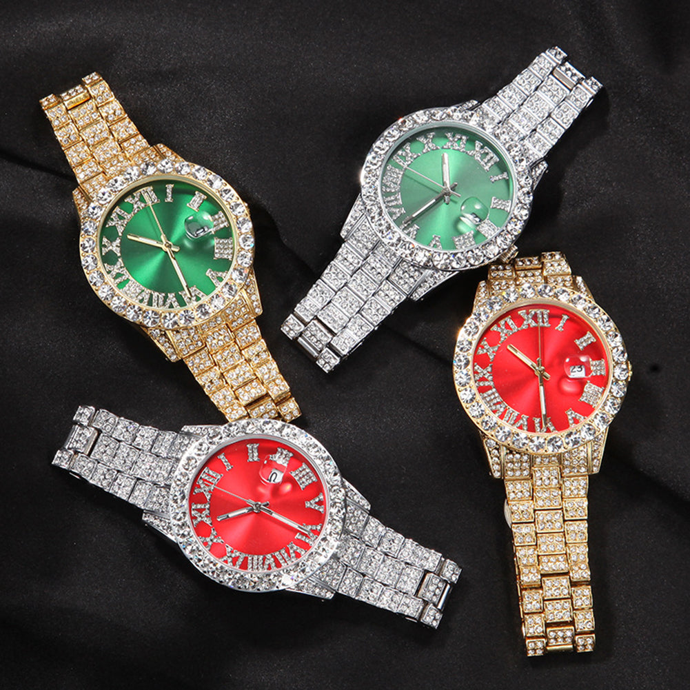 Iced Roman Numerals Watch - Red Dial, 18K White Gold Plated, 45mm