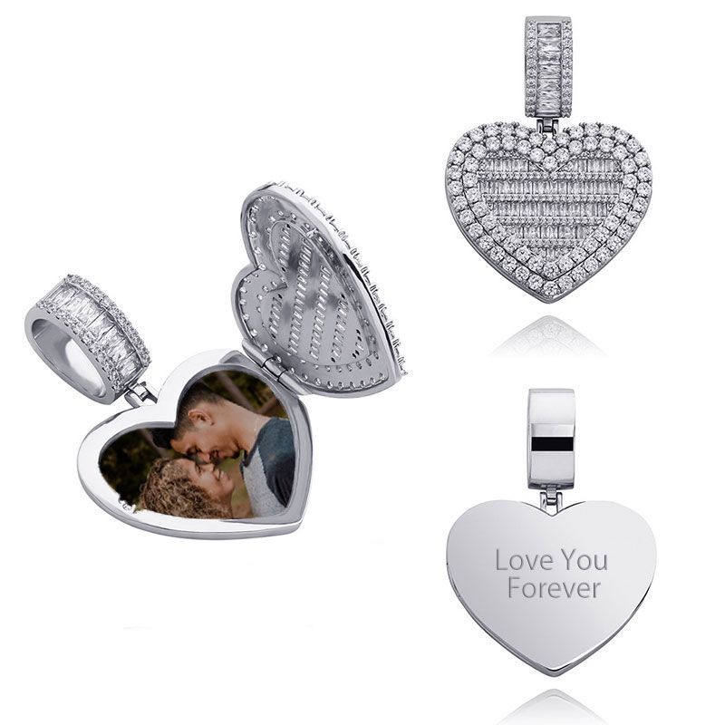 Custom Locket Heart Photo Moissanite Pendant in White Gold