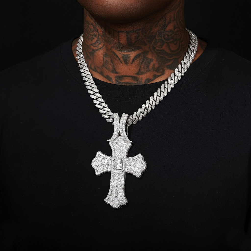 Regal Iced-Out Cross Pendant & Chain Set【A46】