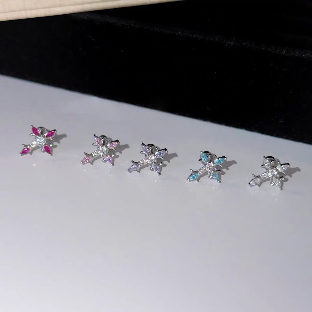 Sterling Silver Floral Cross Bullet Back Earring【A pair of earrings】