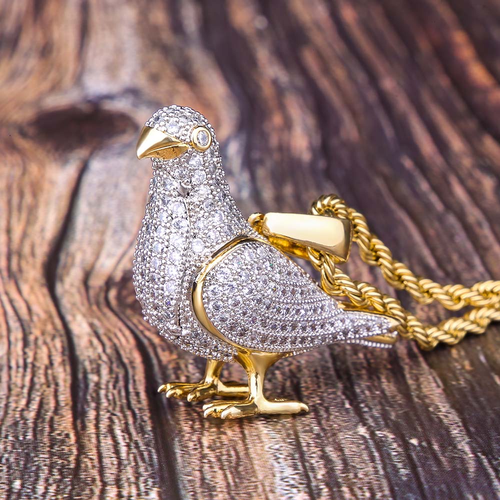 Iced Out Pigeon Mens Moissanite Pendant Necklace in 14K Gold
