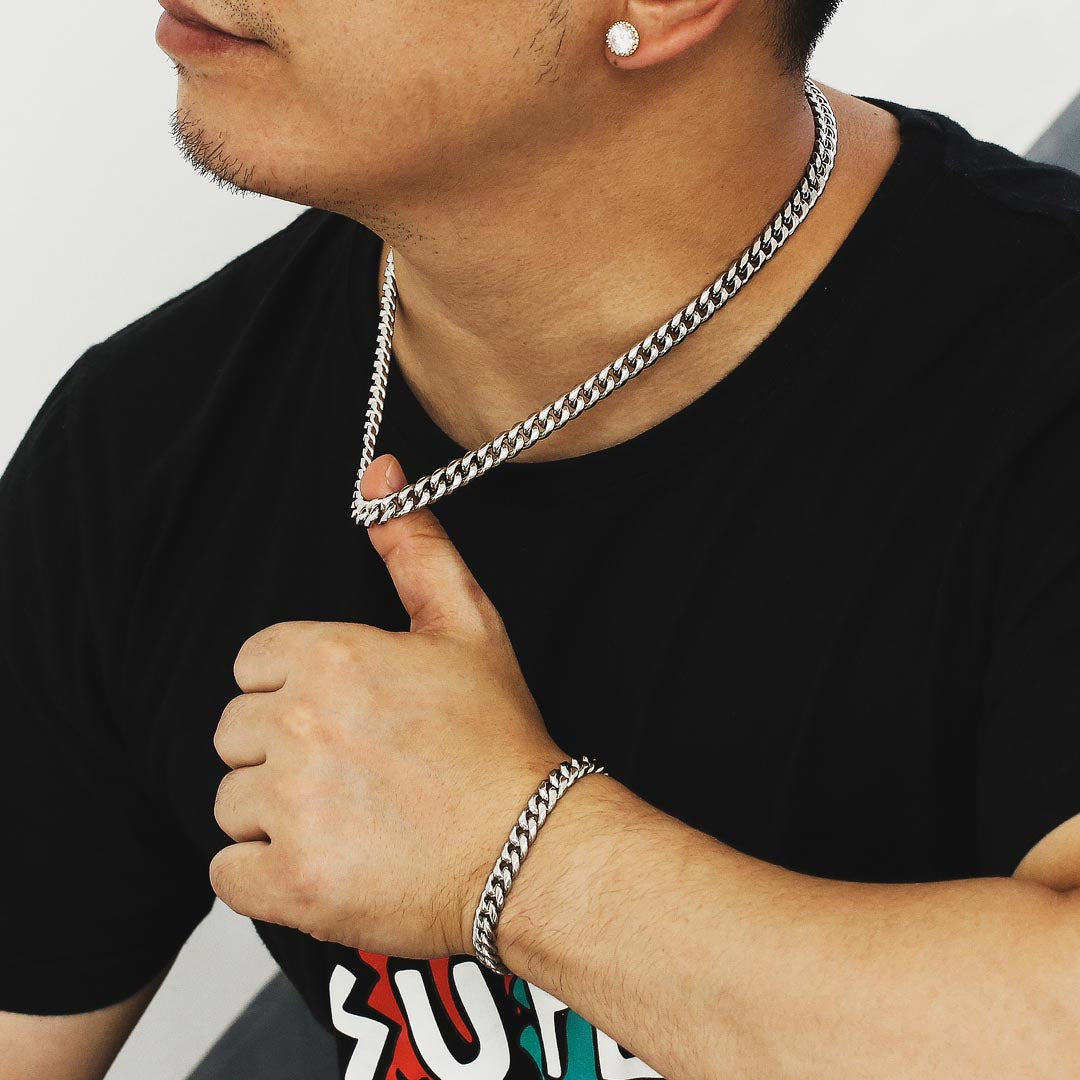 8mm Miami Cuban Link Chain and Bracelet Set in White Gold