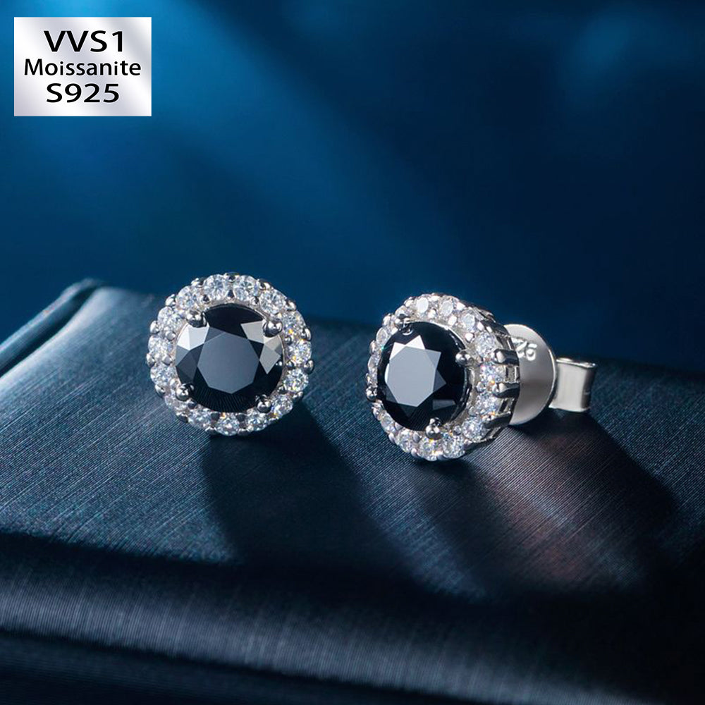 0.8 Carats *2 Round Black Halo VVS1 Moissanite Earrings in S925 Sterling Silver