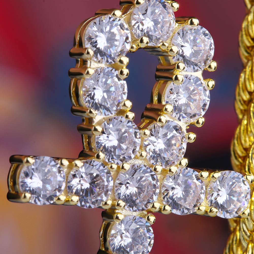 Iced Out ANKH Cross Moissanite Pendant in 14K Gold