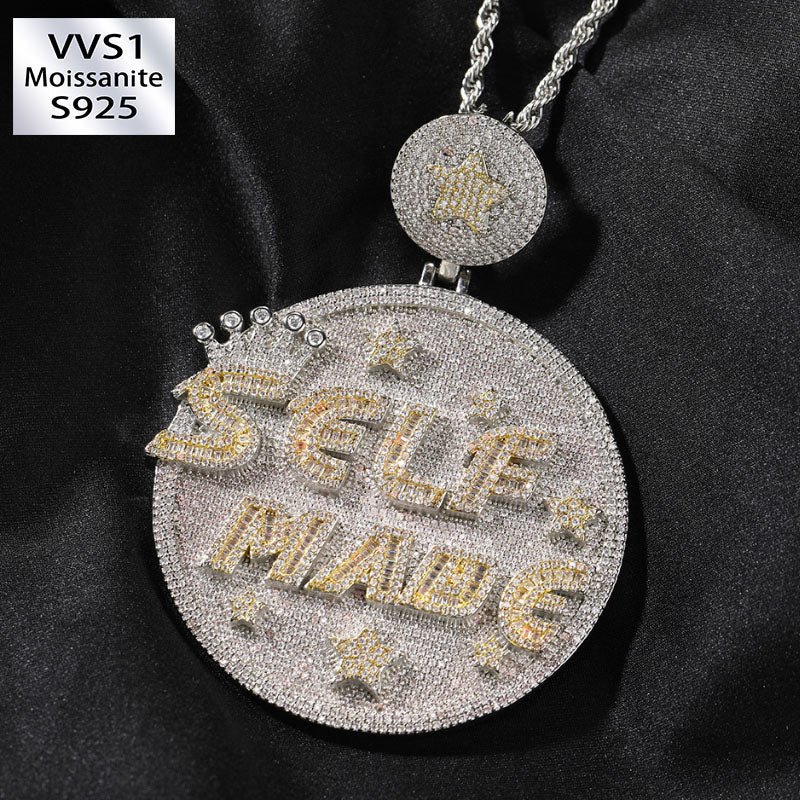 Moissanite Personality Hip Hop "SELF MANG" Letter Large Disc Pendant