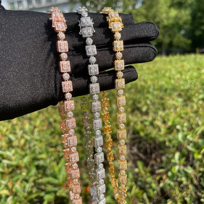 Moissanite Hip Hop Square and Round Diamond Arrangement Design Chain