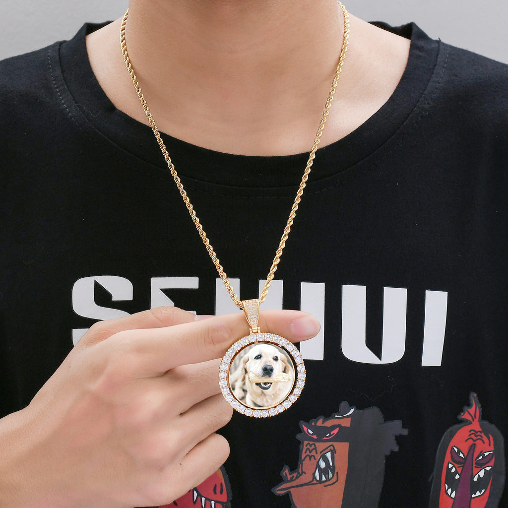 Iced Out Custom Double Sided Rotated Round Picture Moissanite Necklace Photo Pendant