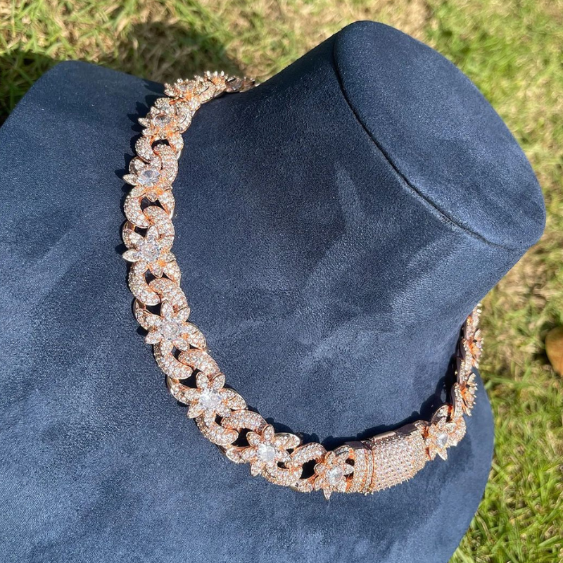 15mm Iced Out Flowers Sparkle Cuban Chain
