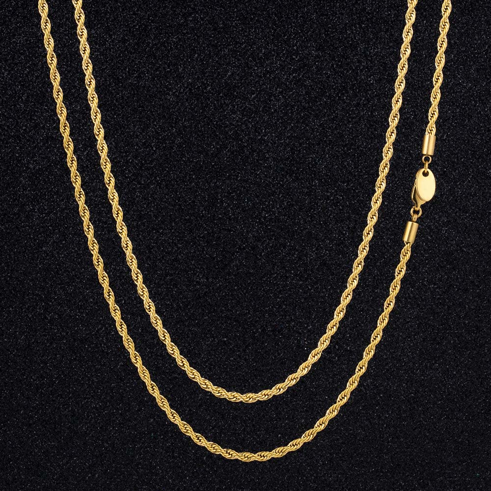 3mm Stainless Steel Mens Rope Chain in 18K Gold