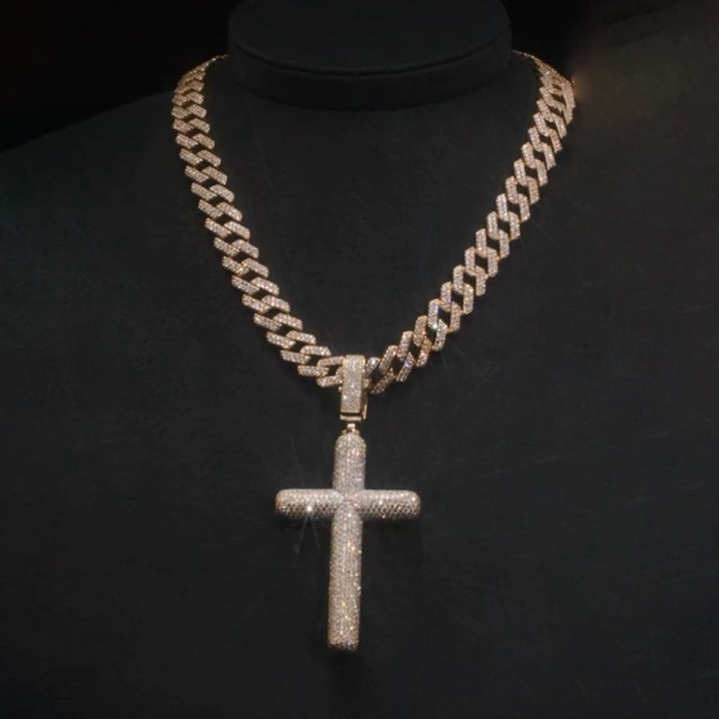 Moissanite Cross Pendant Cuban Chain Set