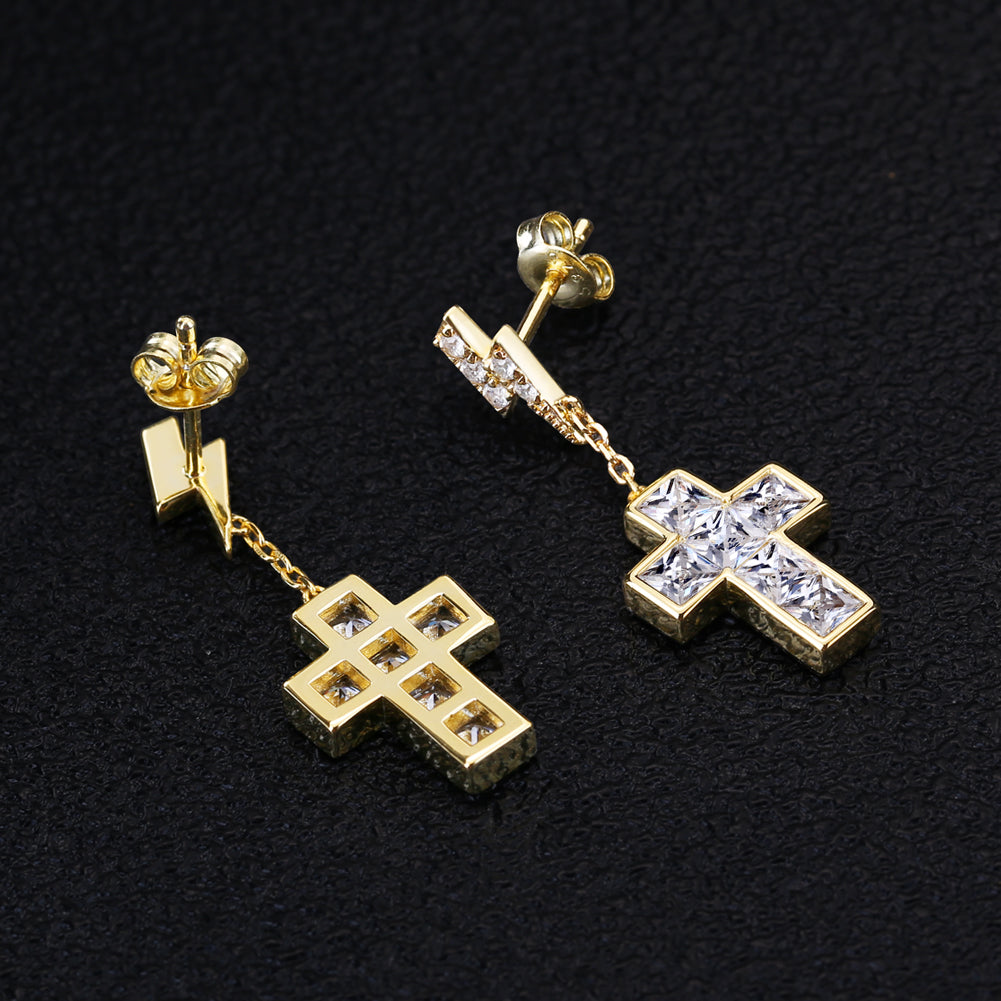 Moissanite Stud Earrings for Men with Gold Cross in 14K Gold