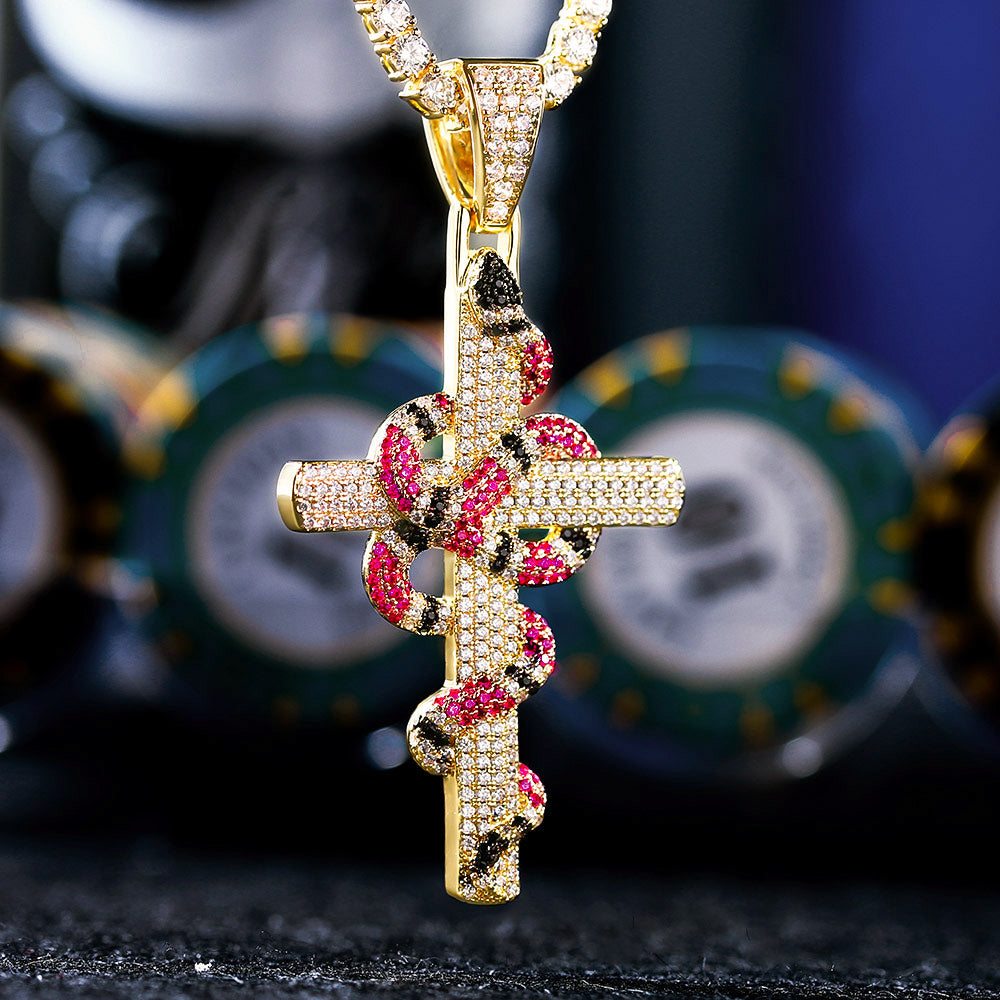 Moissanite Iced Out Mens Cross with Coral Snake Twist Pendant