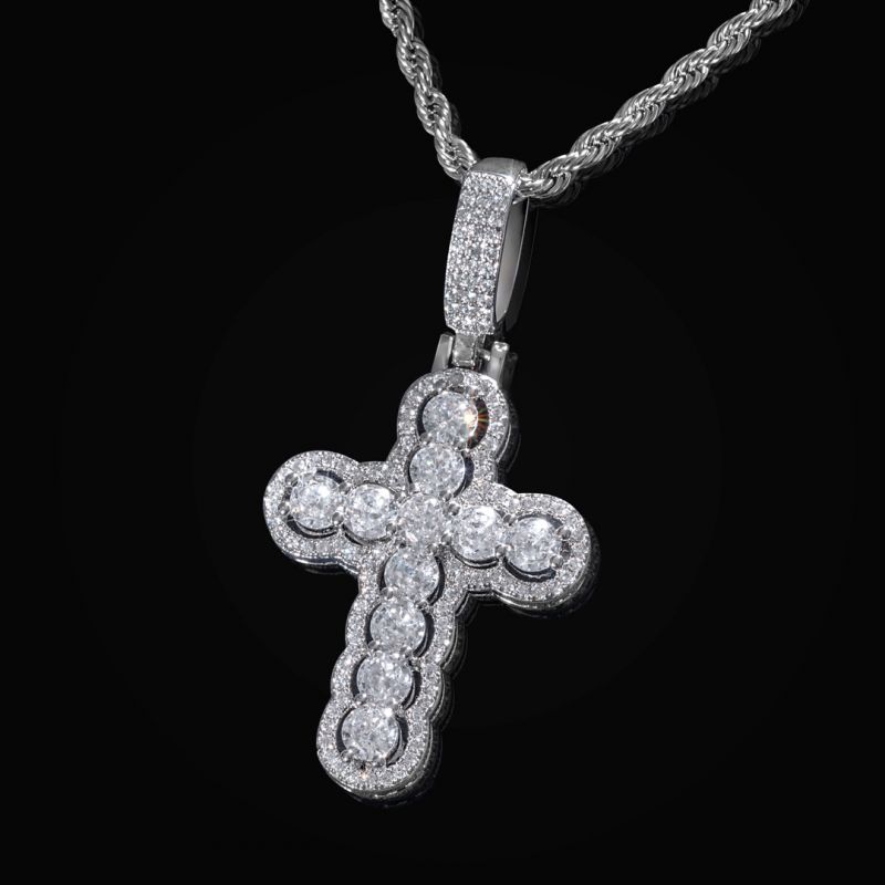 Iced Hollow Round Cut Cross Moissanite Pendant in White Gold