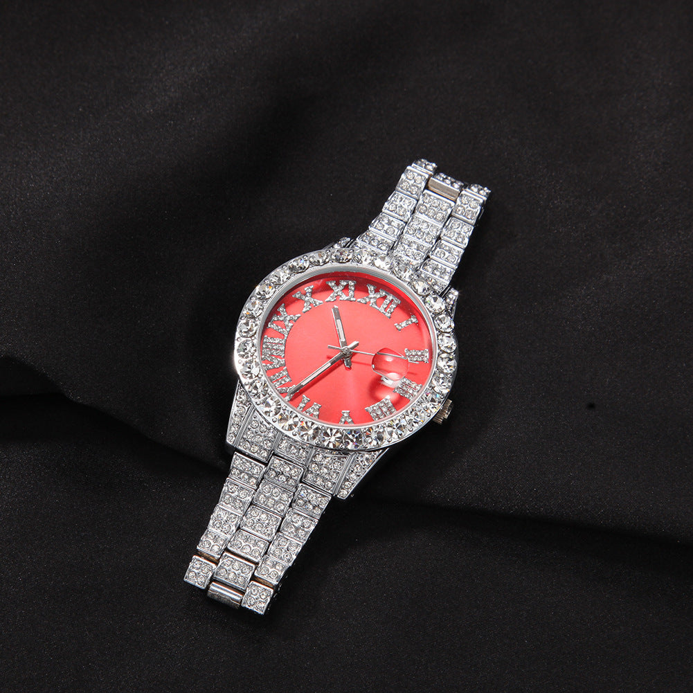 Iced Roman Numerals Watch - Red Dial, 18K White Gold Plated, 45mm