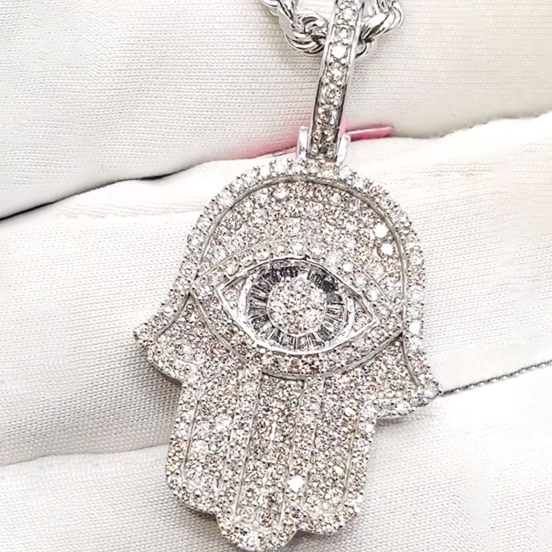 Ice Out Hamsa Moissanite Pendant in White Gold