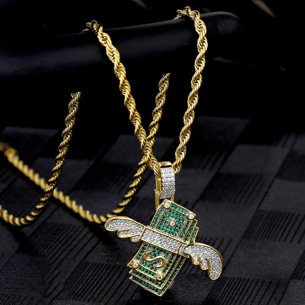 Iced Out Dollar Stack Wing Mens Moissanite Pendant Necklace in 14K Gold