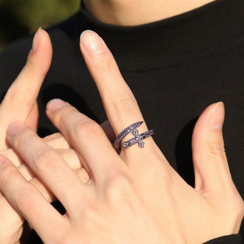 Moissanite Iced Purple Sword Ring in Black Gold
