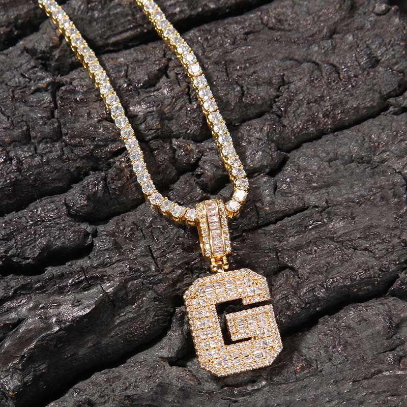 Baguette A to Z Initials Letters Moissanite Pendants in White Gold