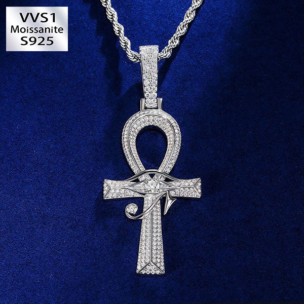 Moissanite Eye of Horus Ankh Pendant in 925 Sterling Silver