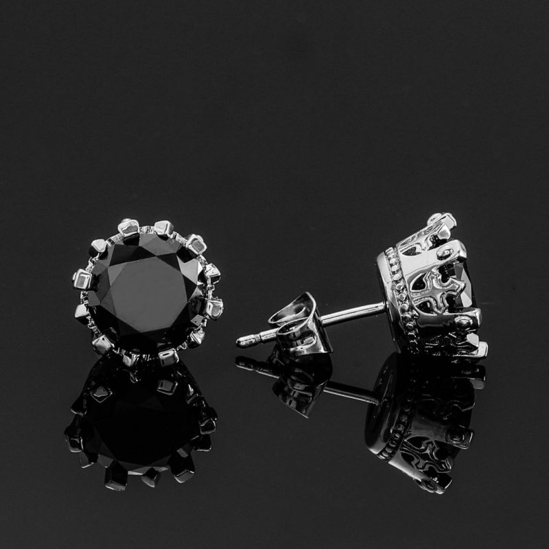 Crown Black Round Cut Moissanite Stud Earrings