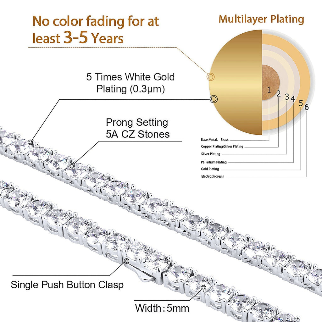 5mm Moissanite White Gold  Diamond Mens Tennis Chain