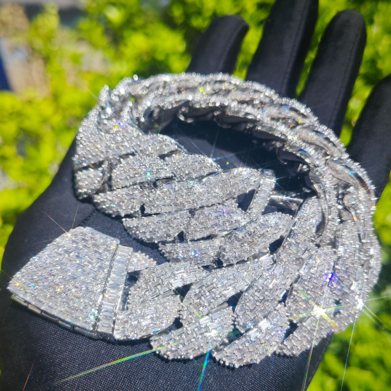 25mm Moissanite Hip Hop T Square Diagonal Buckle Crescent Design Cuban Chain