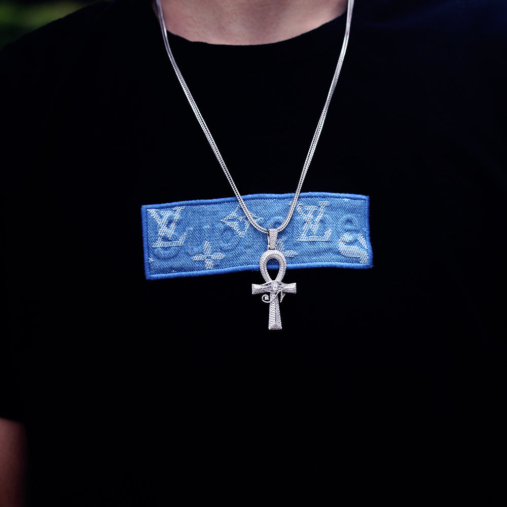 Iced Out The Eye Of Horus Ankh Mens Cross Moissanite Pendant in White Gold