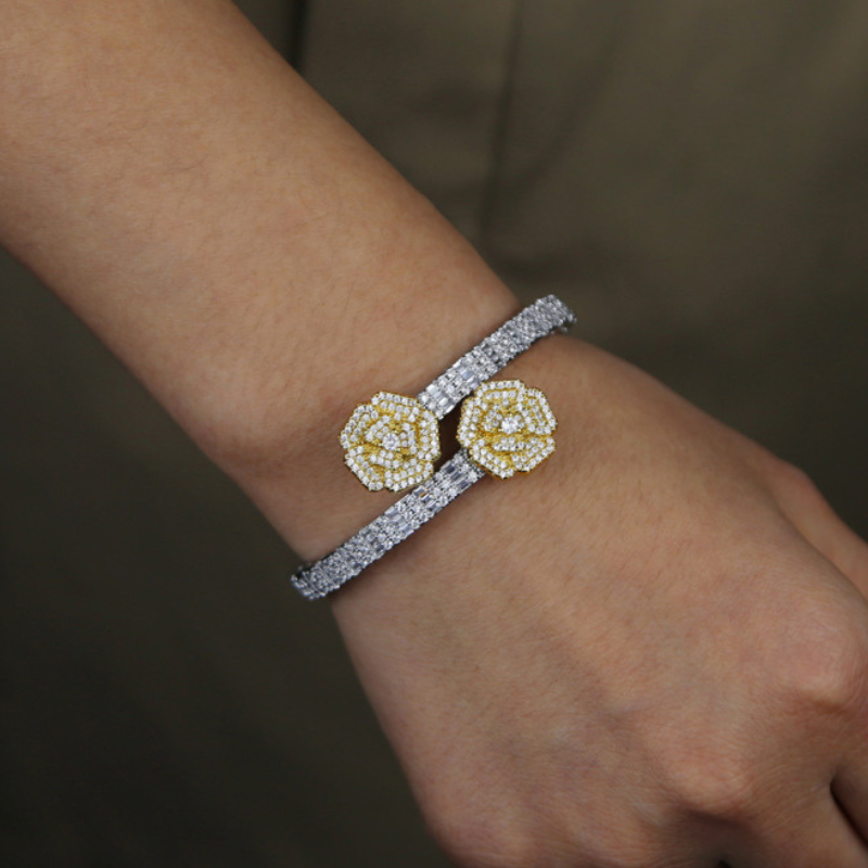 Moissanite Flower Baguette Adjustable Opening Bracelet