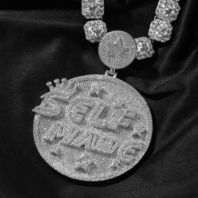 Moissanite Personality Hip Hop "SELF MANG" Letter Large Disc Pendant