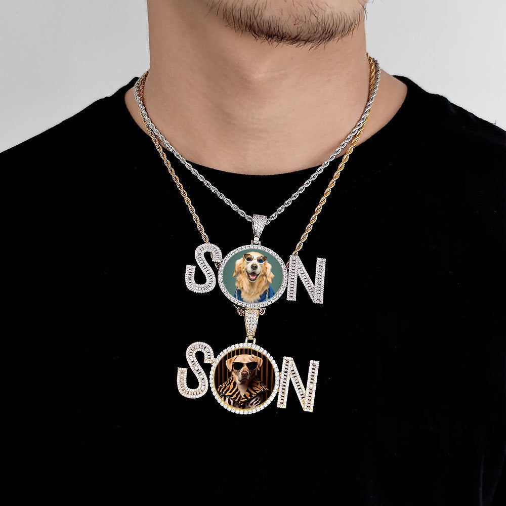 Iced Custom SN Baguette Cut Heart Photo Moissanite Pendant