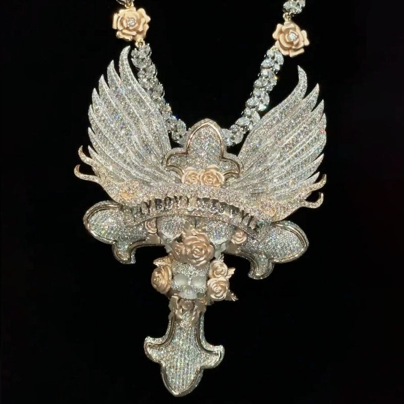 Hip Hop | "Flyboy Lifestyle" Letter Wings Rose Cross Pendant