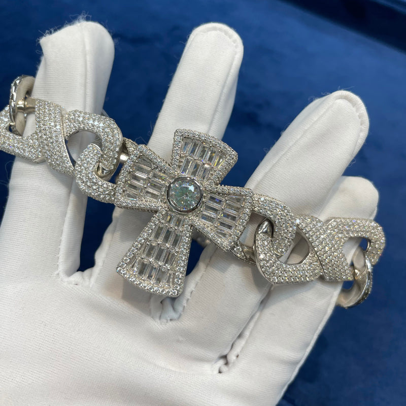 Moissanite Baguette Cross Cuban Bracelet
