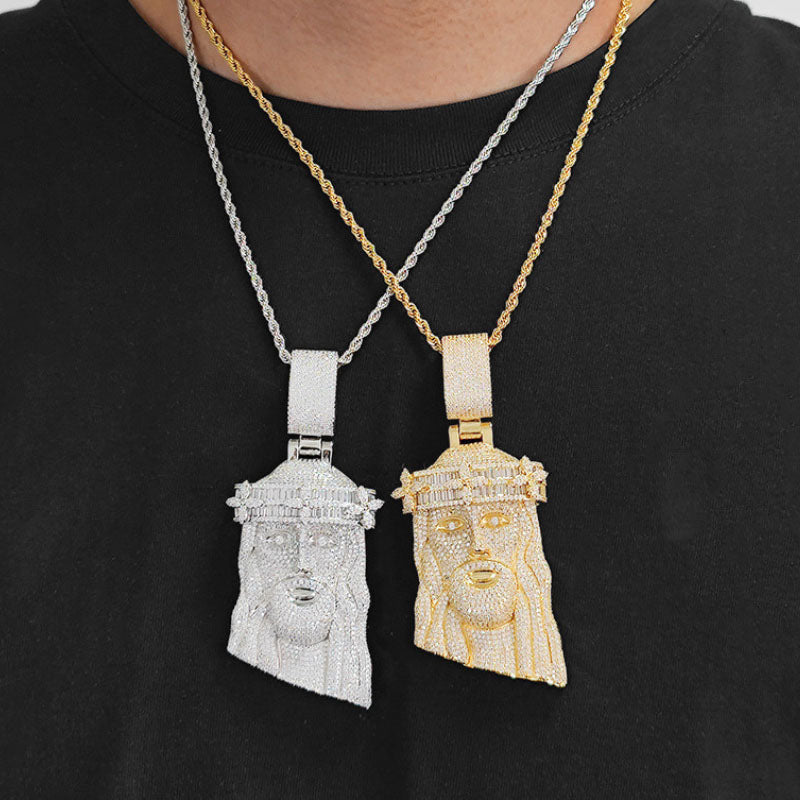 Moissanite Square Diamond Clovers Head Decorated with Jesus Pendant