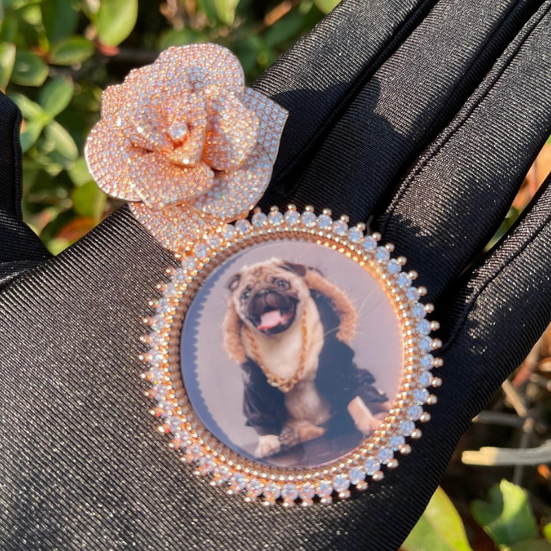 Moissanite Rose Button Round Customized Photo Pendant