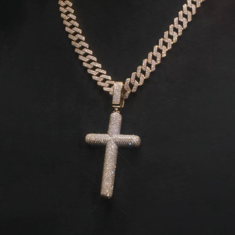 Moissanite Cross Pendant Cuban Chain Set