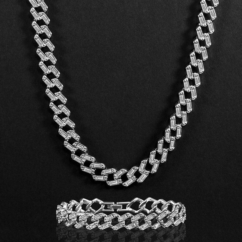 13mm Baguette Cut Cuban Chain and Bracelet Set in White Gold