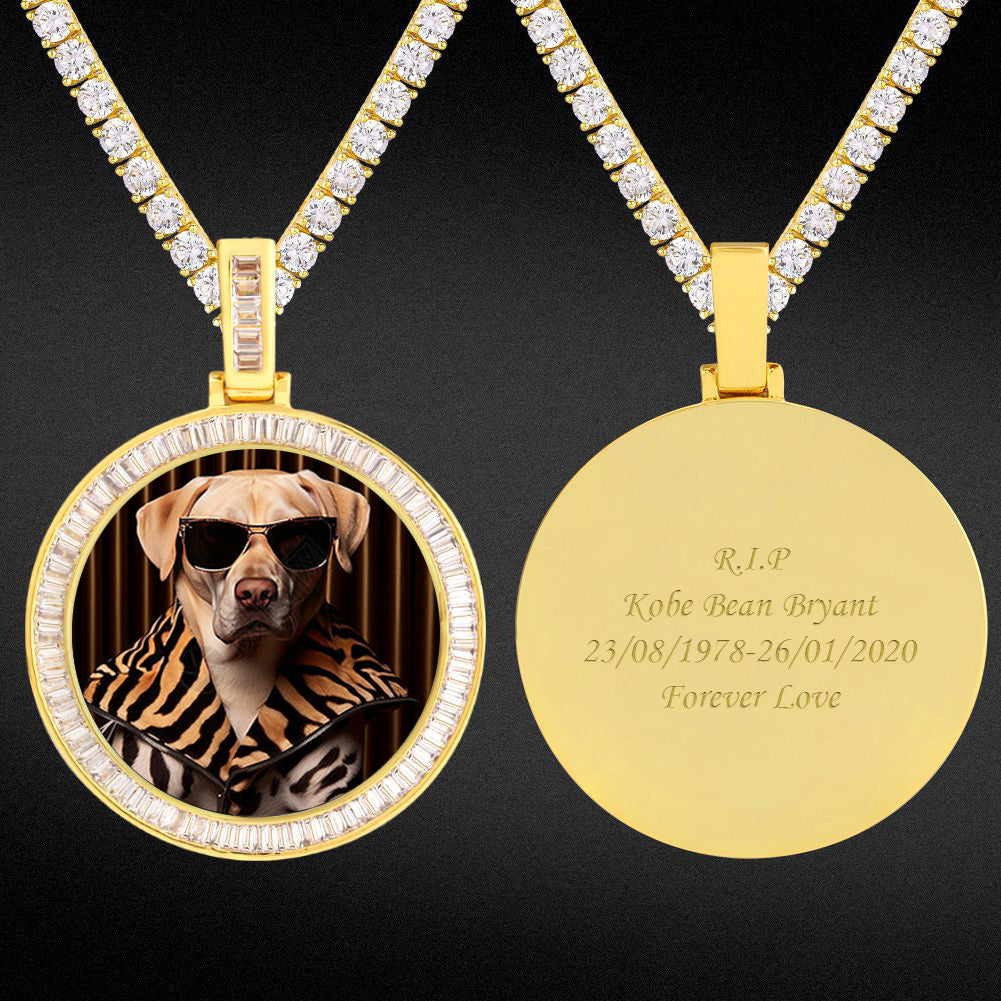 Iced Out Baguette Cut  Custom Round Picture Necklace Photo Moissanite Pendant