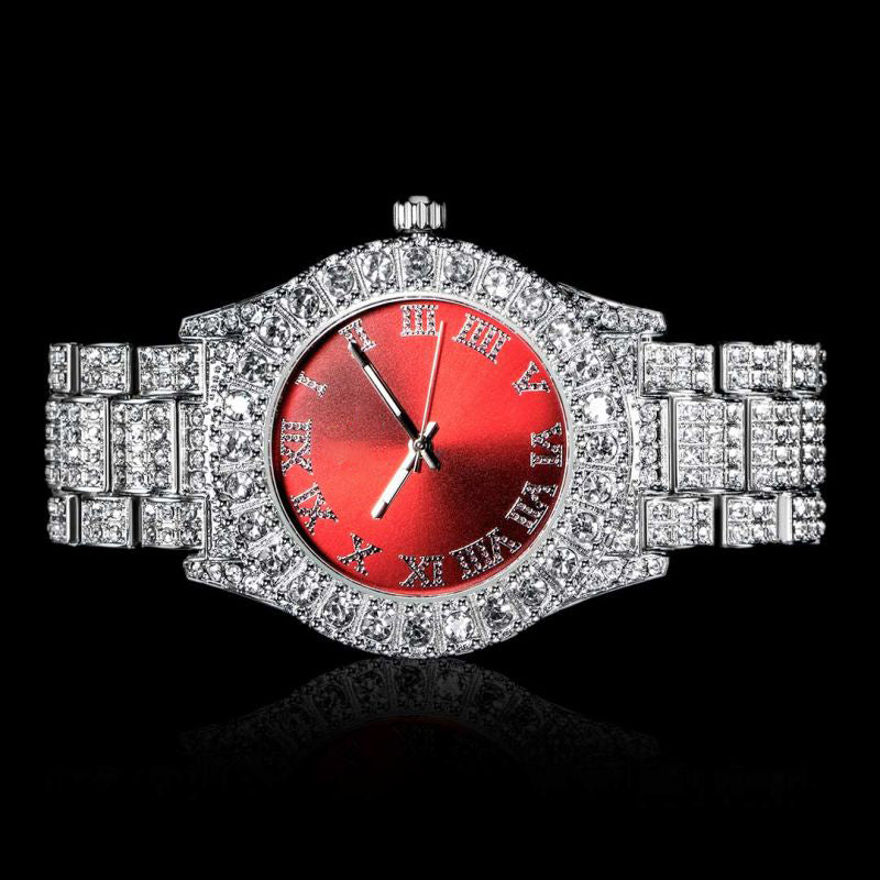 Iced Roman Numerals Watch - Red Dial, 18K White Gold Plated, 45mm