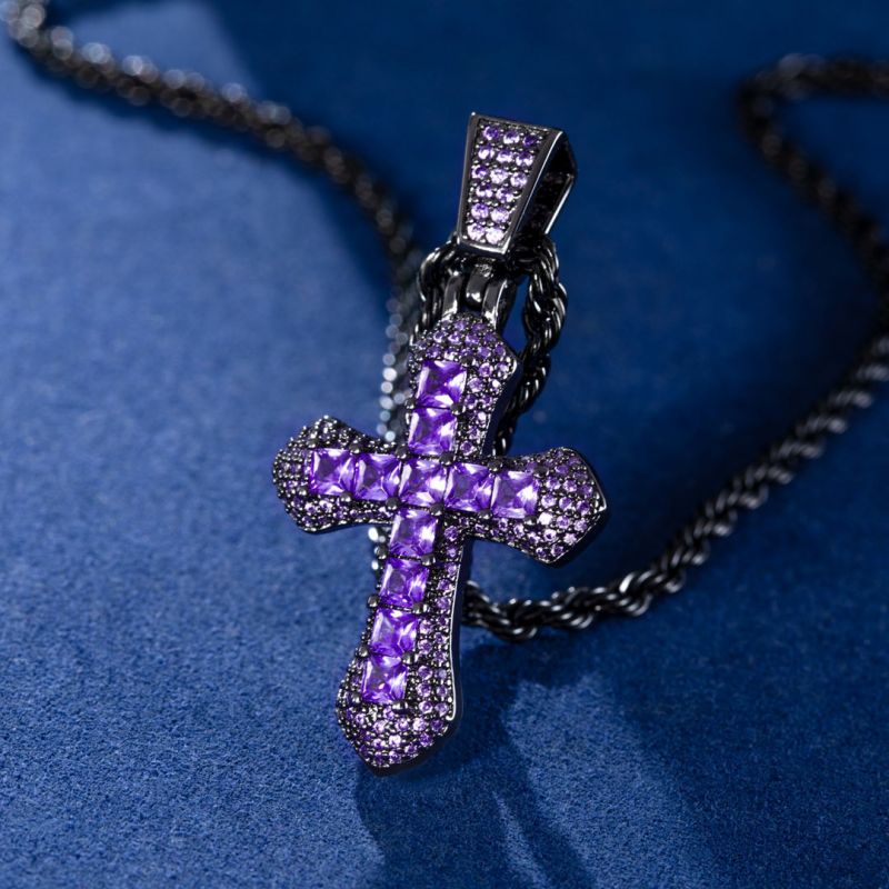 Iced Purple Princess Cut Cross Moissanite Pendant in Black Gold