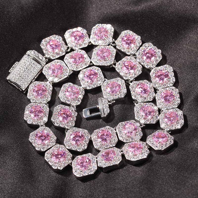 12mm Handset Pink Clustered Moissanite Tennis Chain in White Gold