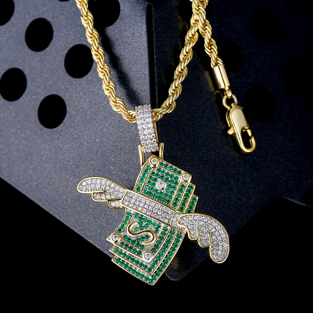 Iced Out Dollar Stack Wing Mens Moissanite Pendant Necklace in 14K Gold