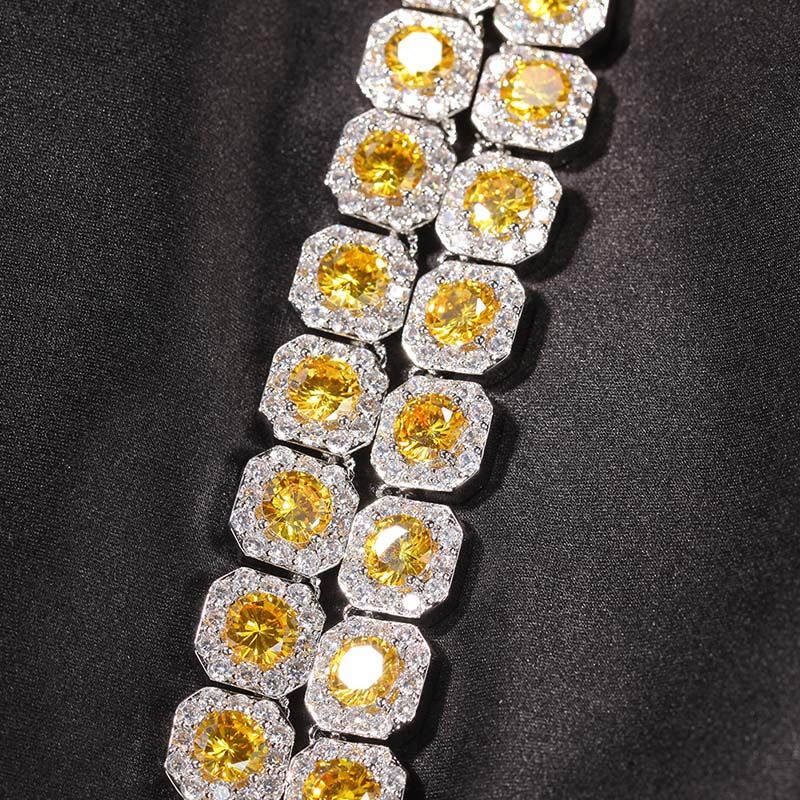 12mm Moissanite Yellow Handset Clustered Tennis Chain in White Gold
