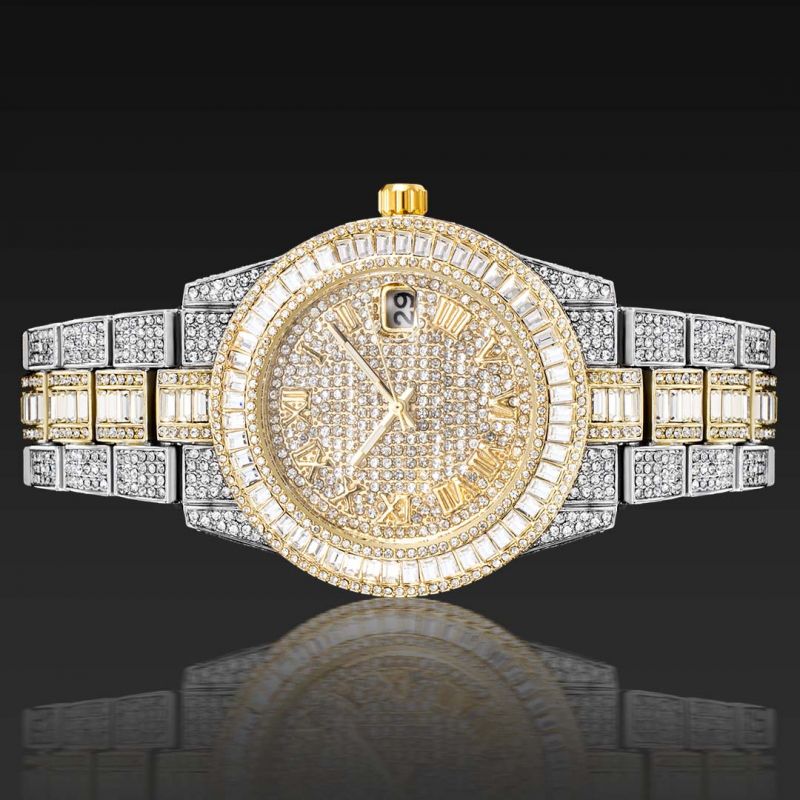 Iced Two Tone Baguette Cut Roman Numerals Men's Watch