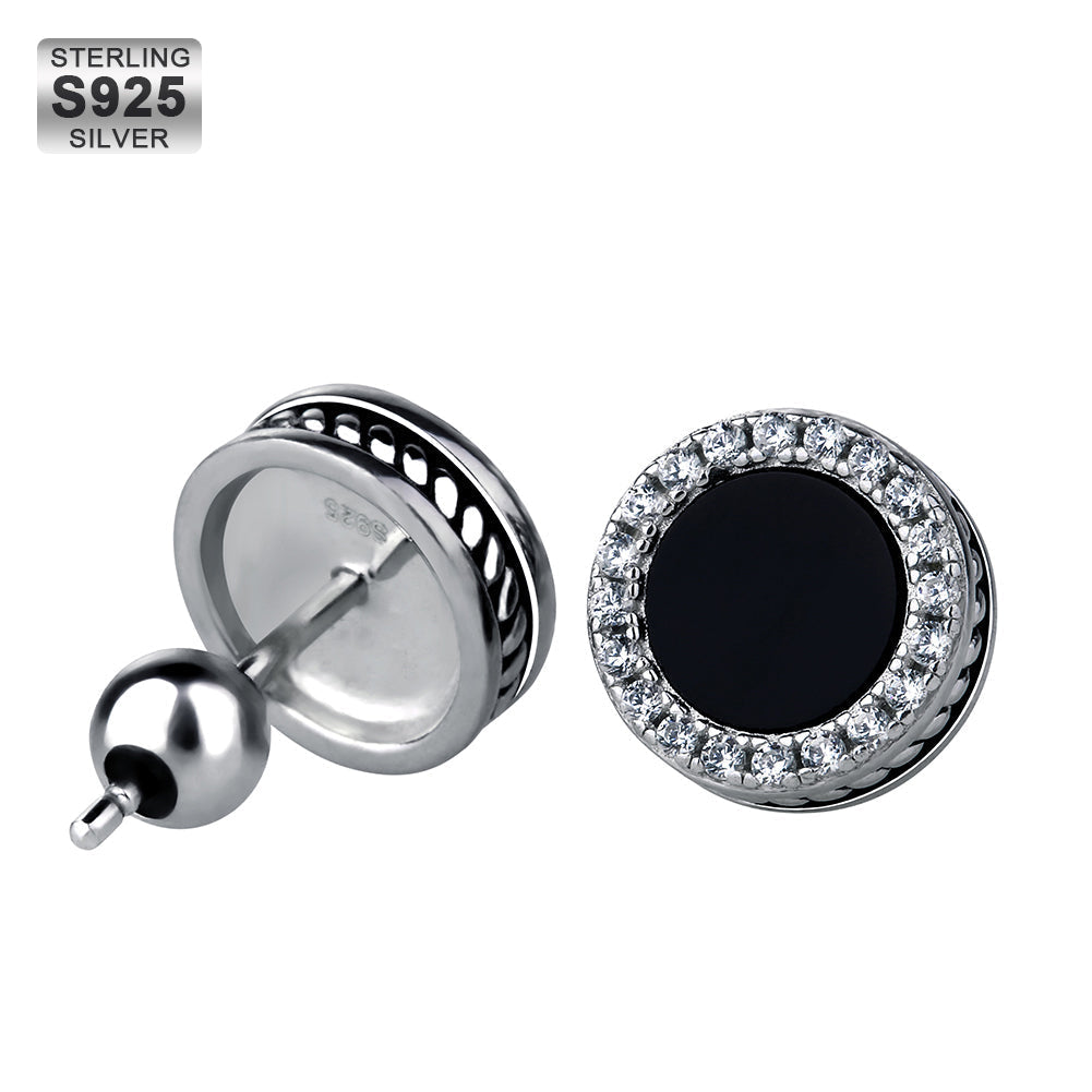 S925 Round Black Onyx Moissanite Stud Earrings for Men