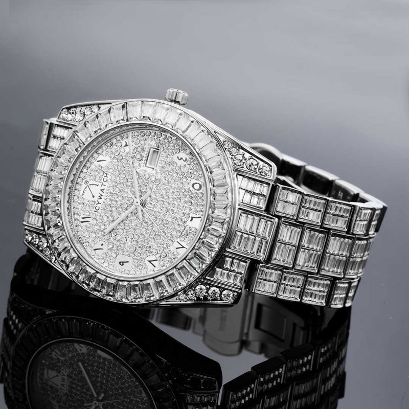 Iced Arabic Numerals Watch with Date - 42.2mm White Gold