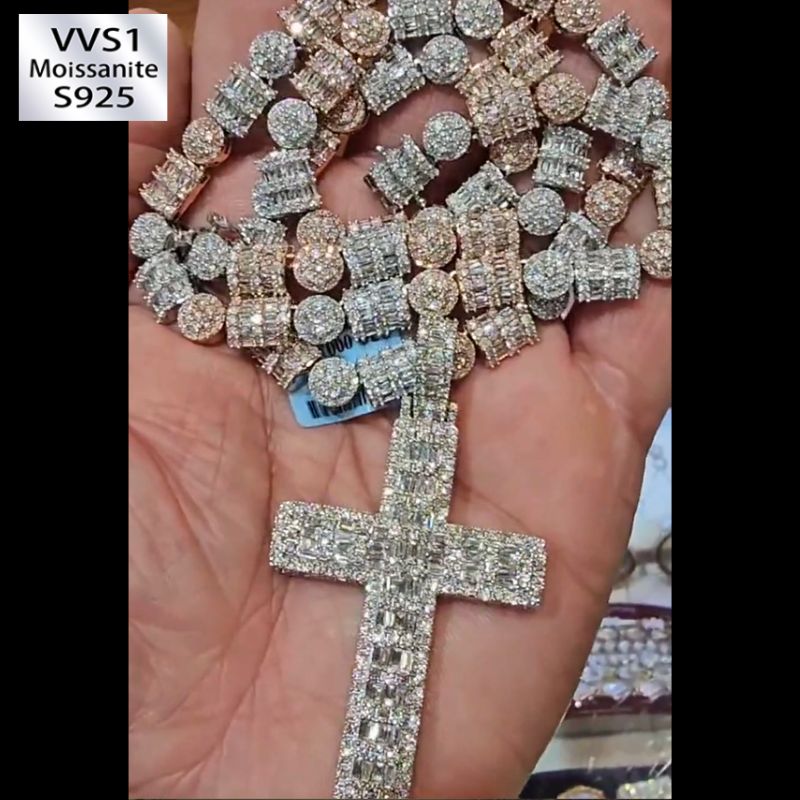 Moissanite Ball Necklace and Cross Pendant Premium Set