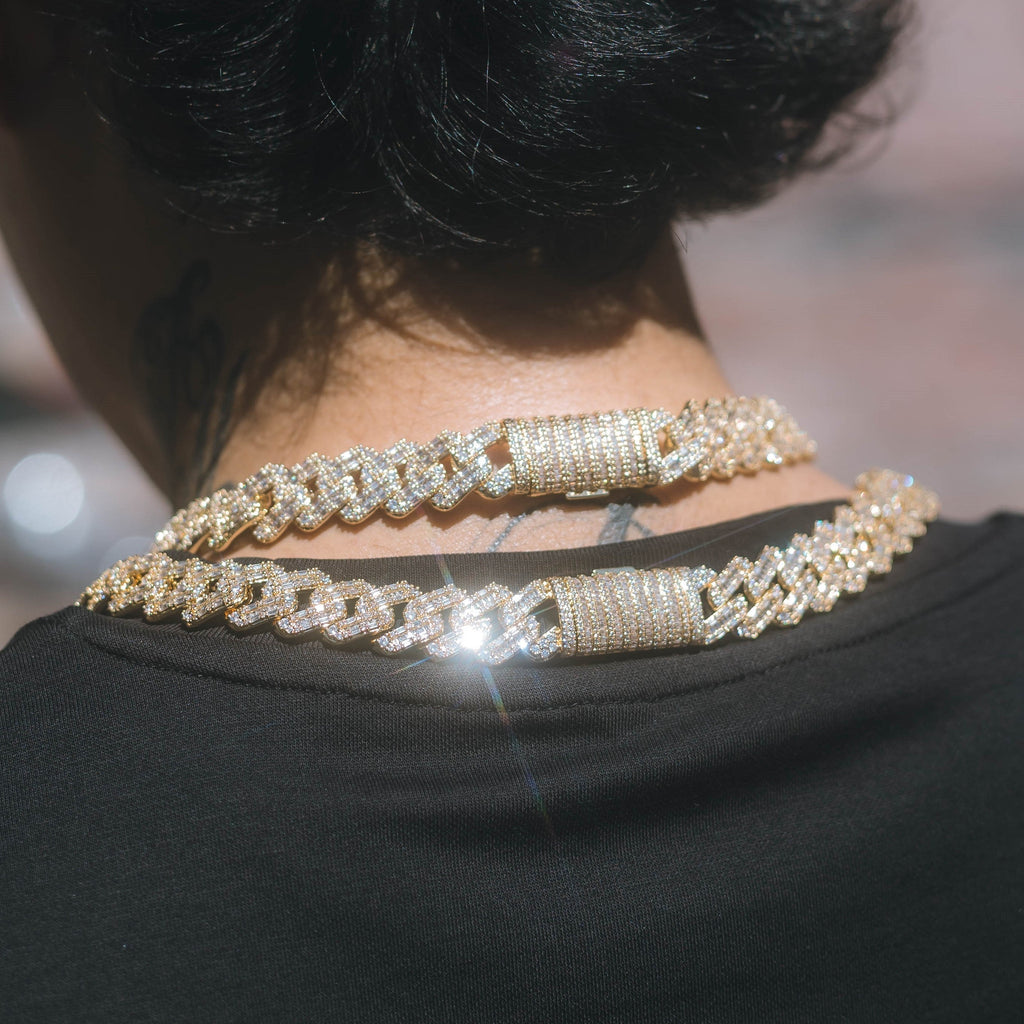 12mm Prong Baguette Cuban Chain - 18K Gold Plated