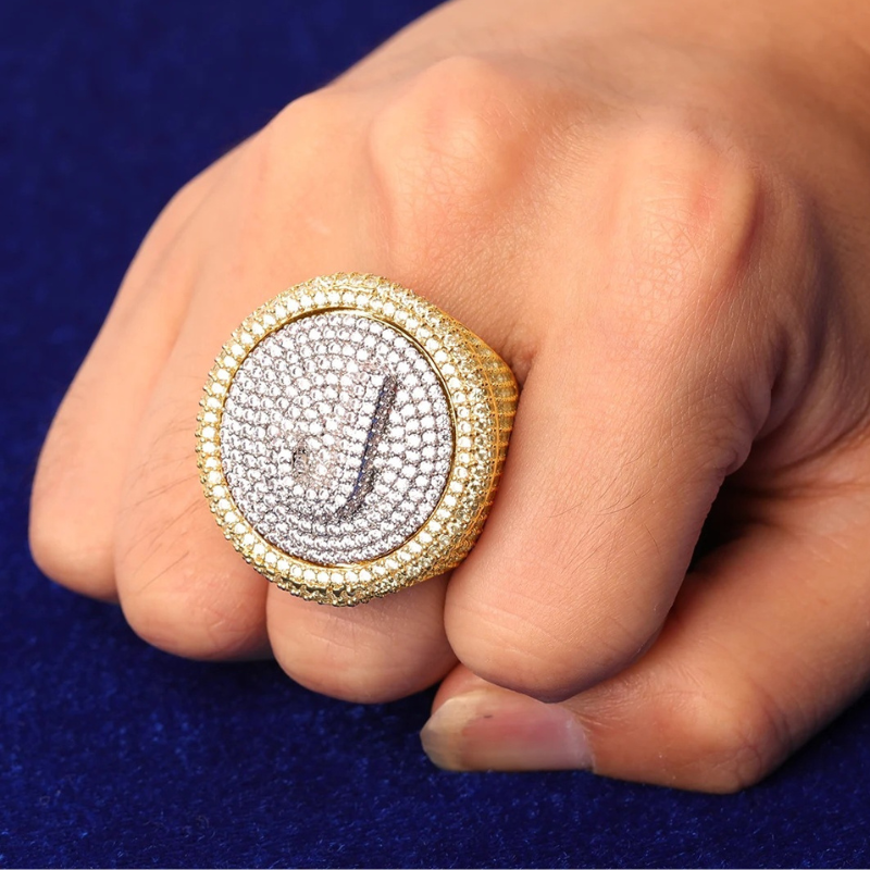 Moissanite 14K Real Gold Plated Shield DIY Custom Letter Rotating Ring