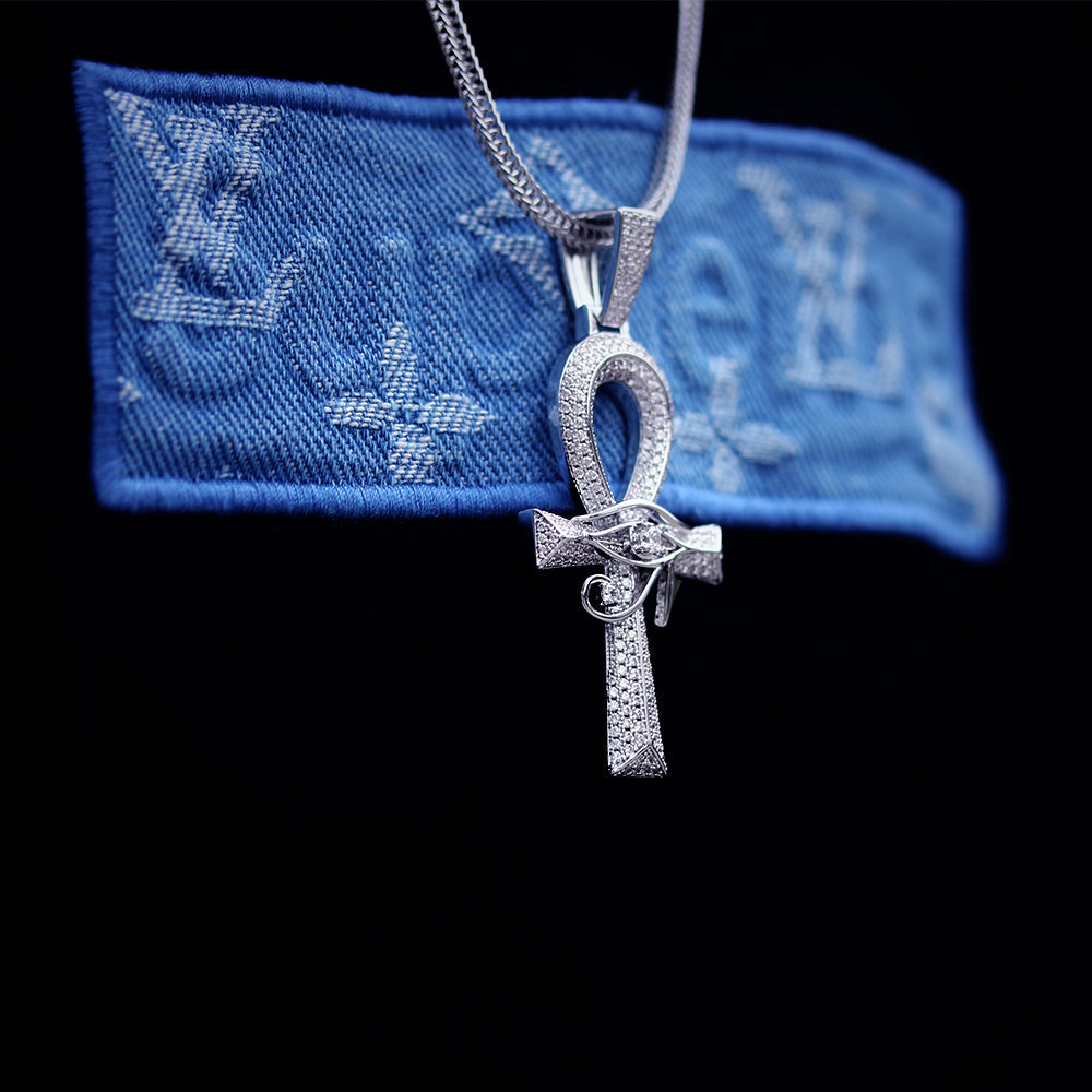 Iced Out The Eye Of Horus Ankh Mens Cross Moissanite Pendant in White Gold
