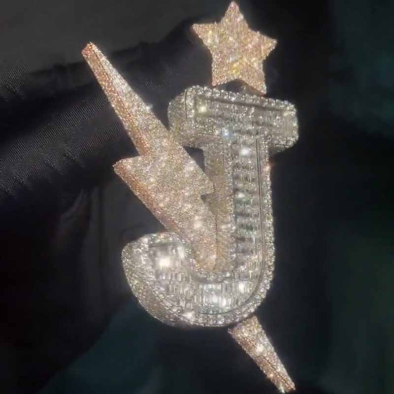 Moissanite Hip Hop 3D Star Lightning Letter "J" Pendant